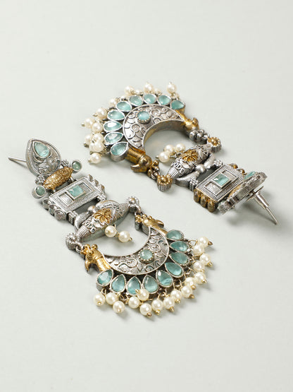 VIVAZS Oxidised Silver-Plated Dual Tone Gold and Silver mint Green Stone Peacock Chandbali Earrings