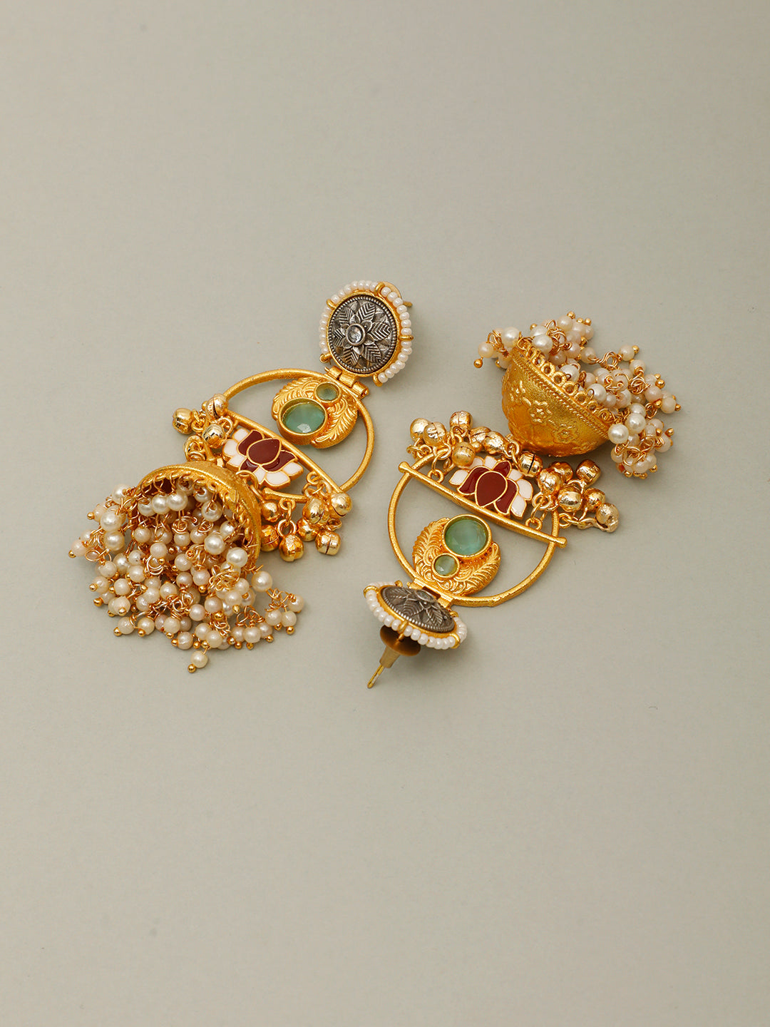 VIVAZS Gold-Plated Stones Studded & Beaded Dome-Shaped Jhumkas