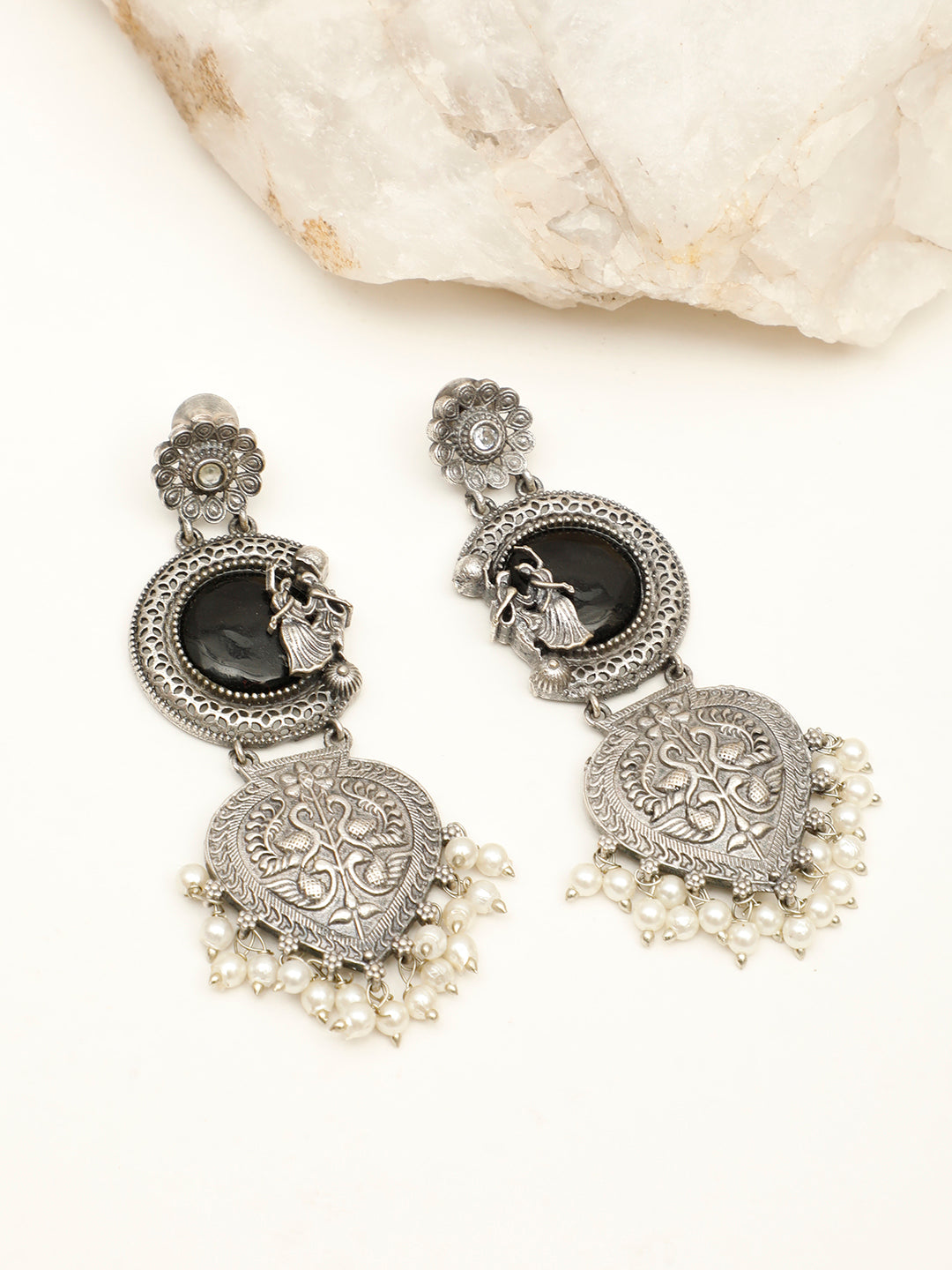 VIVAZS Oxidised Silver-Plated Silver Black Chandbali Earrings