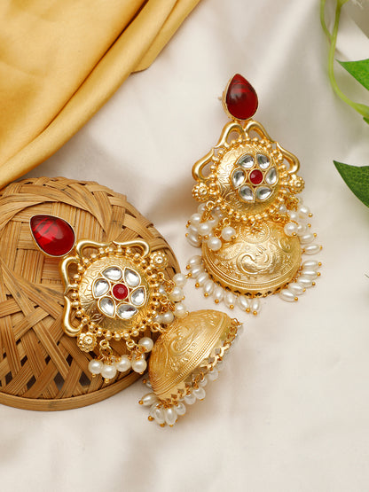 VIVAZS Gold-Plated Luxurious Jhumka Earrings with Red Stones, Pearl Drops