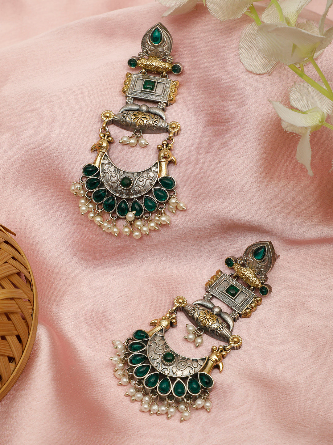 VIVAZS Oxidised Silver-Plated Dual Tone Gold and Green Stone Peacock Chandbali Earrings