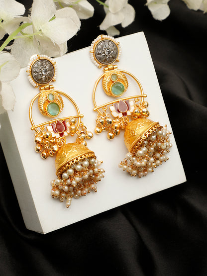 VIVAZS Gold-Plated Stones Studded & Beaded Dome-Shaped Jhumkas