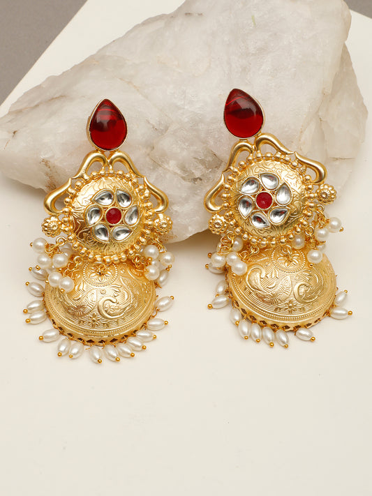 VIVAZS Gold-Plated Luxurious Jhumka Earrings with Red Stones, Pearl Drops