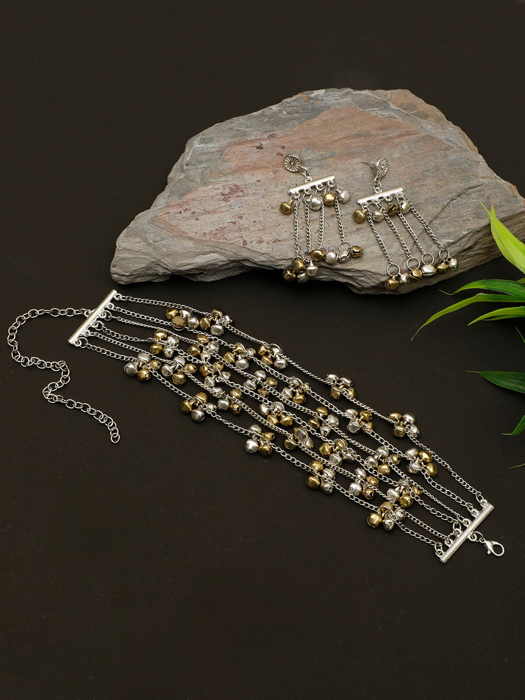 VIVAZS Oxidised Dual Tone Ghungaroo Jewellery Set