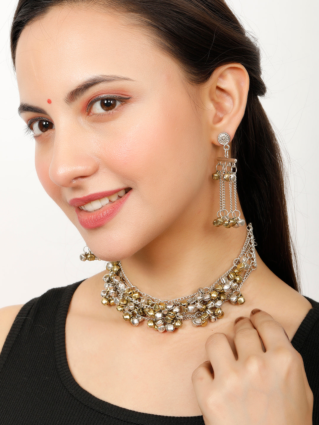 VIVAZS Oxidised Dual Tone Ghungaroo Jewellery Set