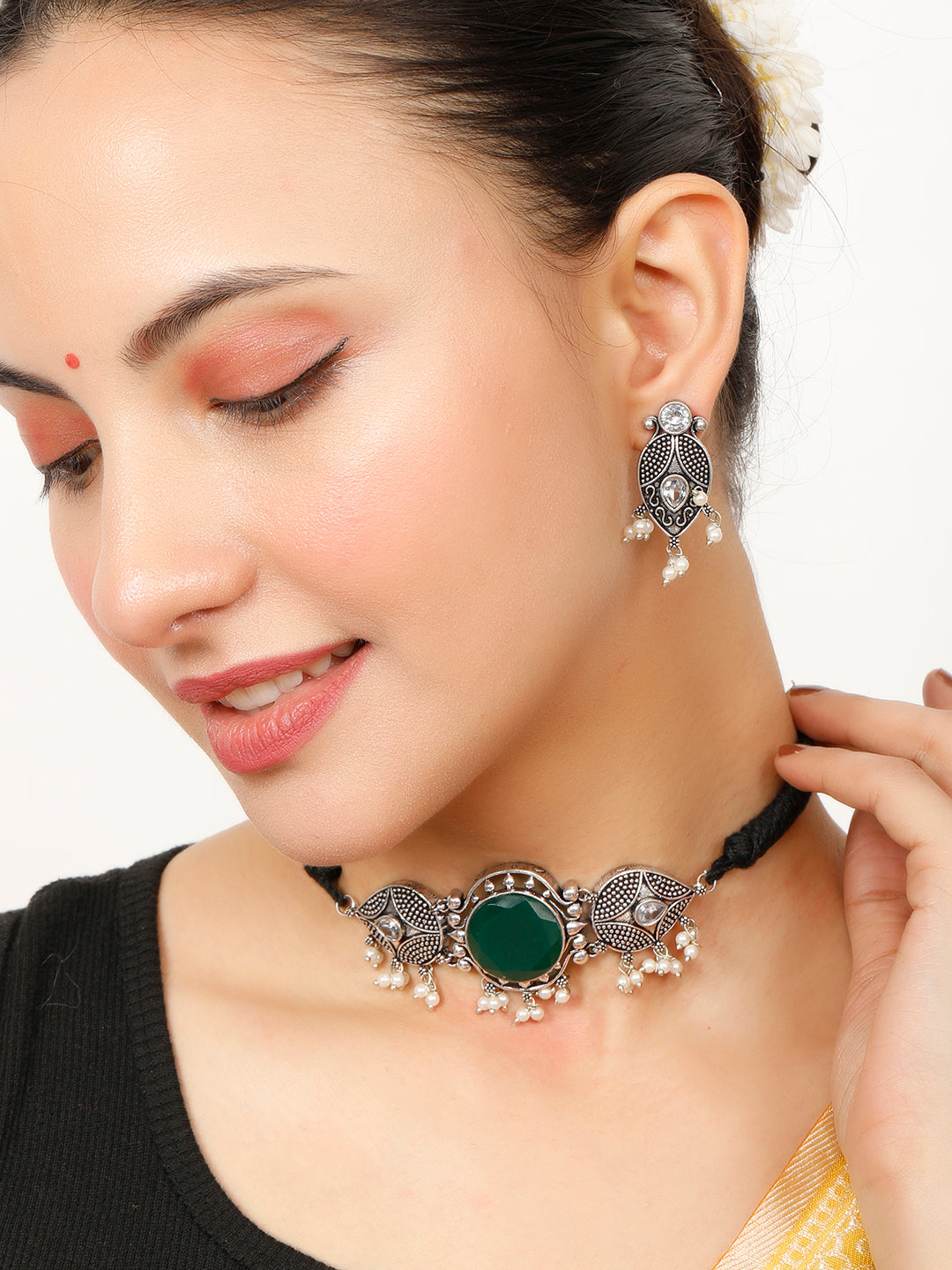 VIVAZS Silver-Plated Green Oxidised Jewellery Set