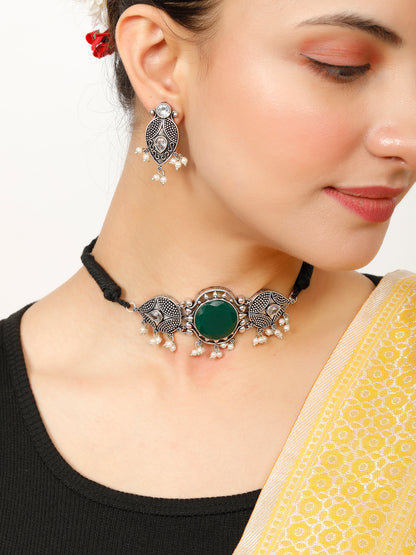 VIVAZS Silver-Plated Green Oxidised Jewellery Set