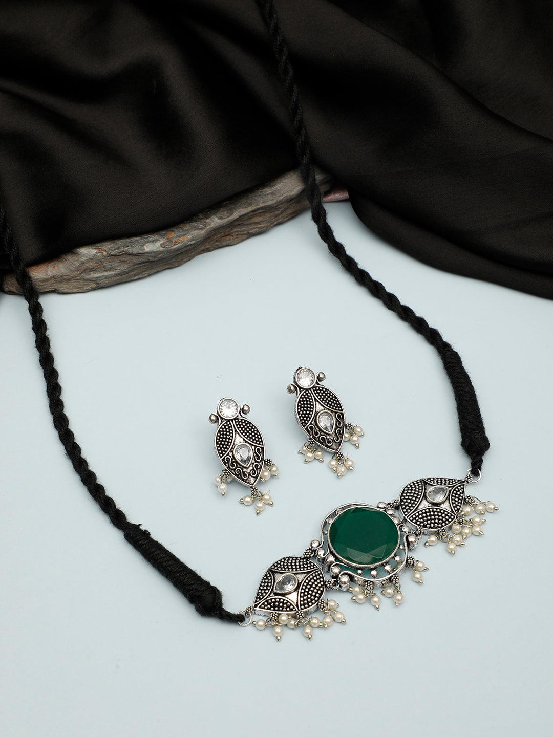 VIVAZS Silver-Plated Green Oxidised Jewellery Set