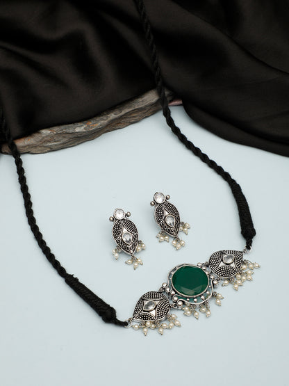 VIVAZS Silver-Plated Green Oxidised Jewellery Set