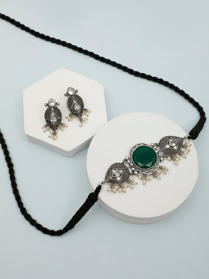 VIVAZS Silver-Plated Green Oxidised Jewellery Set