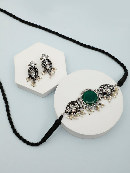 VIVAZS Silver-Plated Green Oxidised Jewellery Set