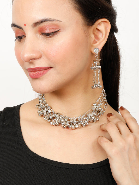 VIVAZS Silver- Plated Oxidised Ghungaroo Jewellery Set