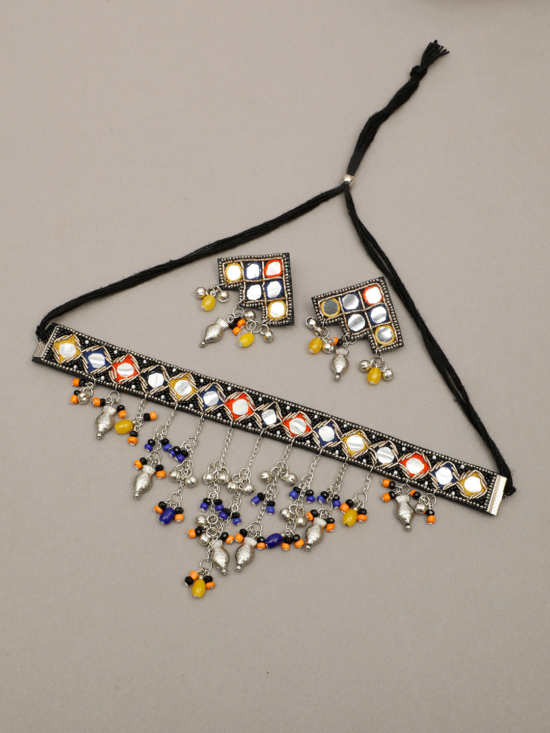 VIVAZS Mirror, Beads And Fish Charms Hand Embroidered Oxidised Jewellery Set