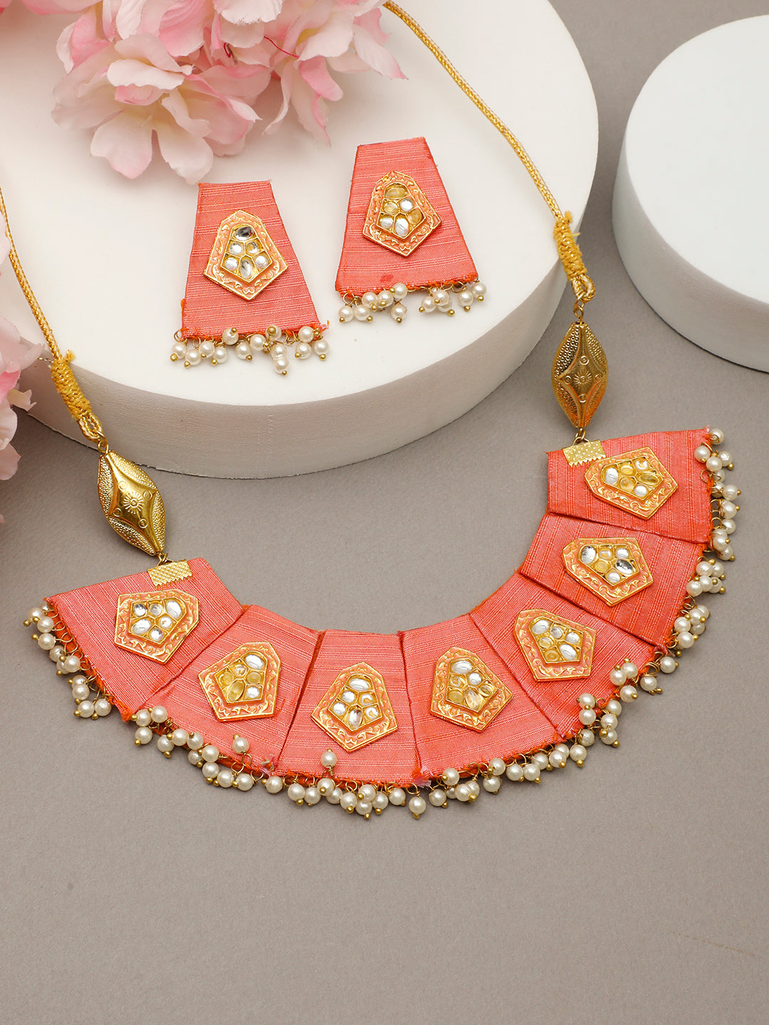 VIVAZS Gold Plated & Peach Pearl Beaded Jewellery Set