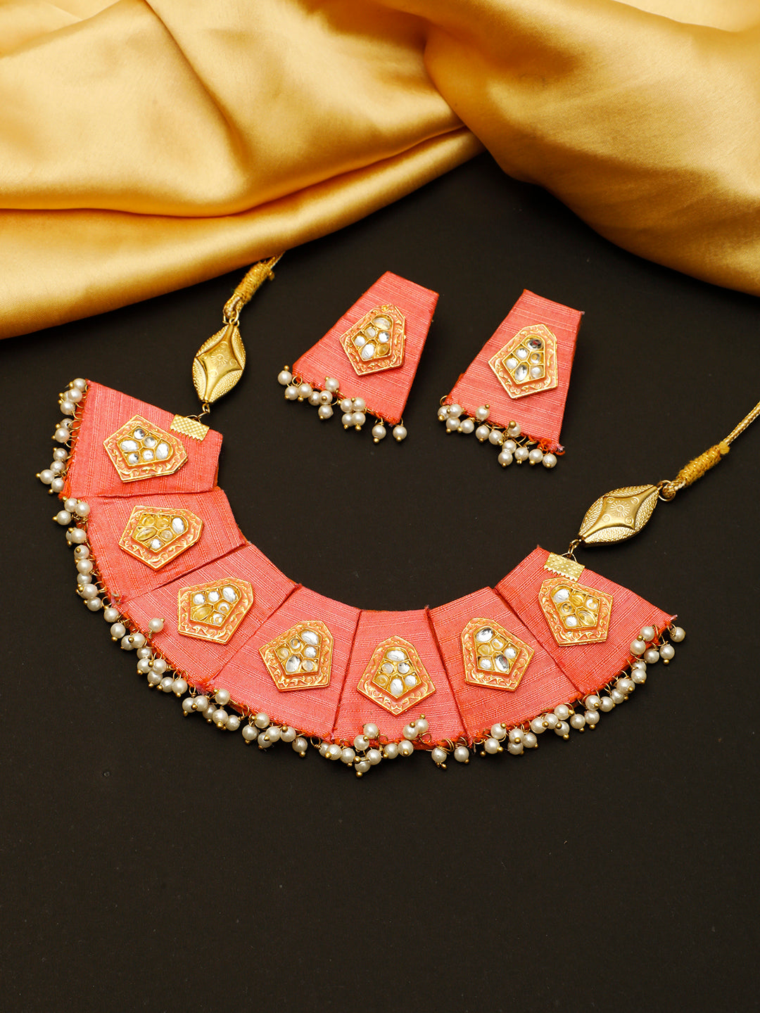 VIVAZS Gold Plated & Peach Pearl Beaded Jewellery Set