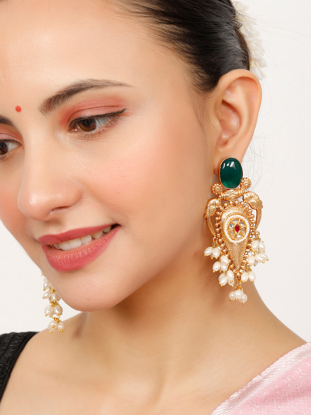 VIVAZS Gold-Plated Stones Studded & Beaded Earrings,Pearl Drops