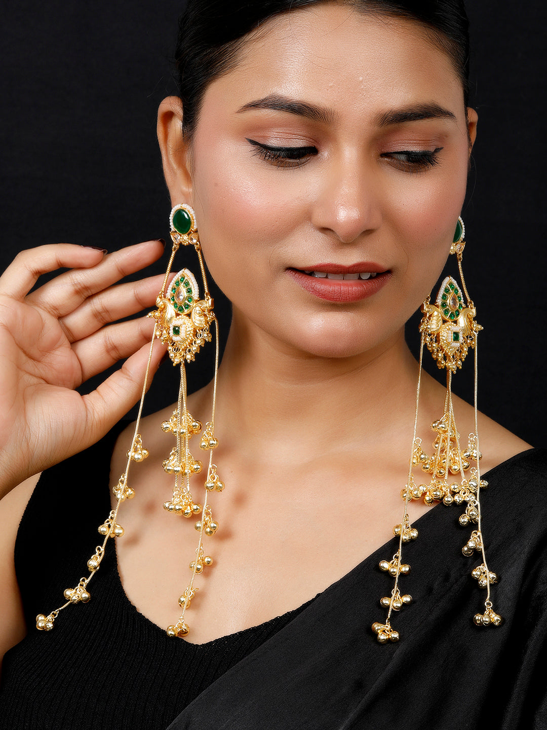 VIVAZS Kashmiri Gold Plated Drop Earrings Green