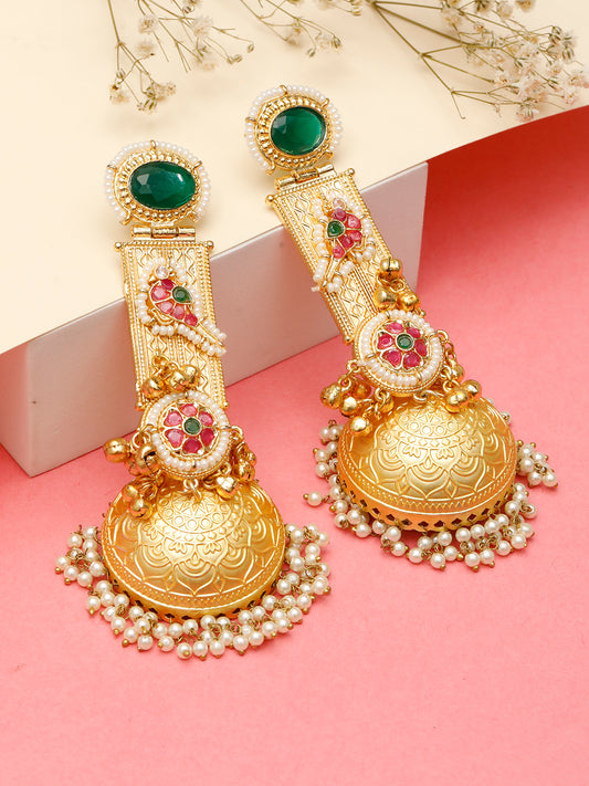 VIVAZS Handmade Gold Plated Long Green Jhumka Earrings | Contemporary
