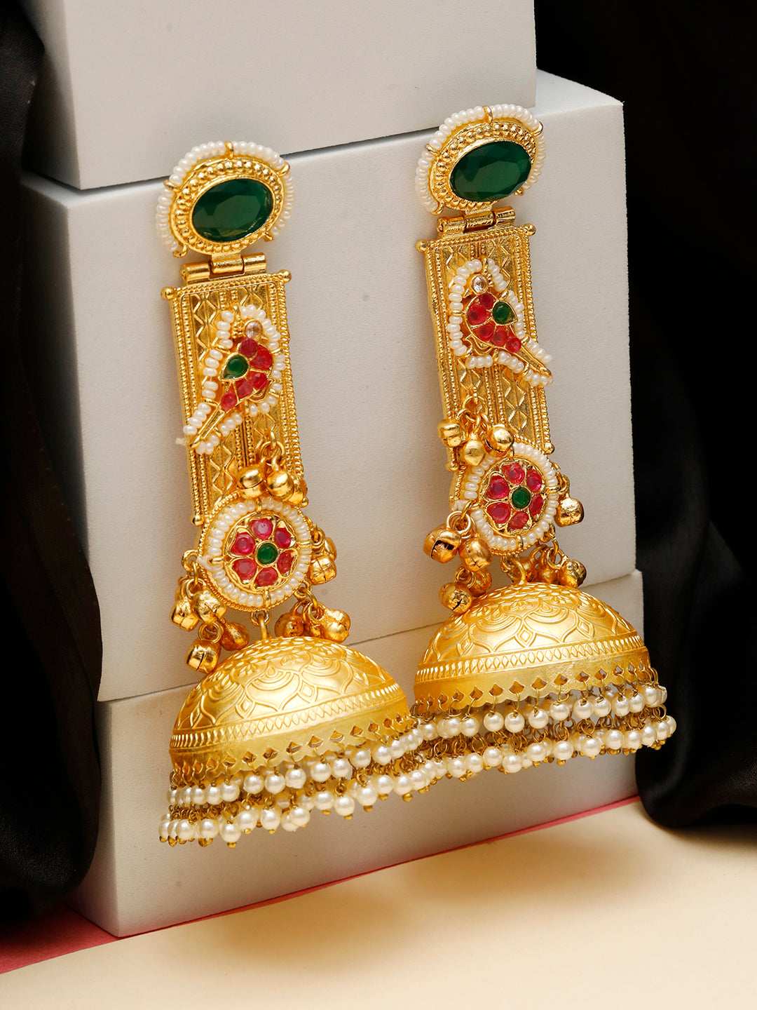 VIVAZS Handmade Gold Plated Long Green Jhumka Earrings | Contemporary