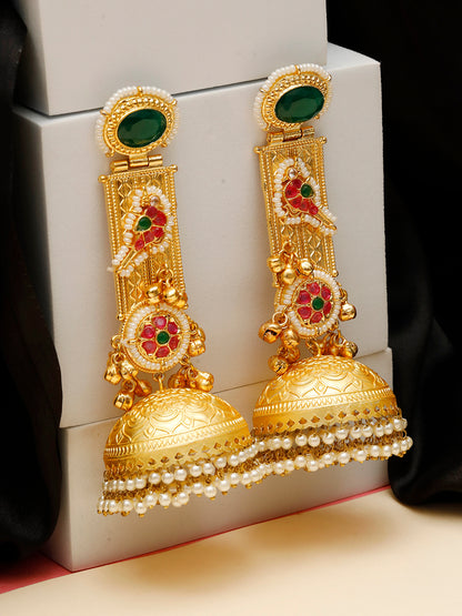 VIVAZS Handmade Gold Plated Long Green Jhumka Earrings | Contemporary