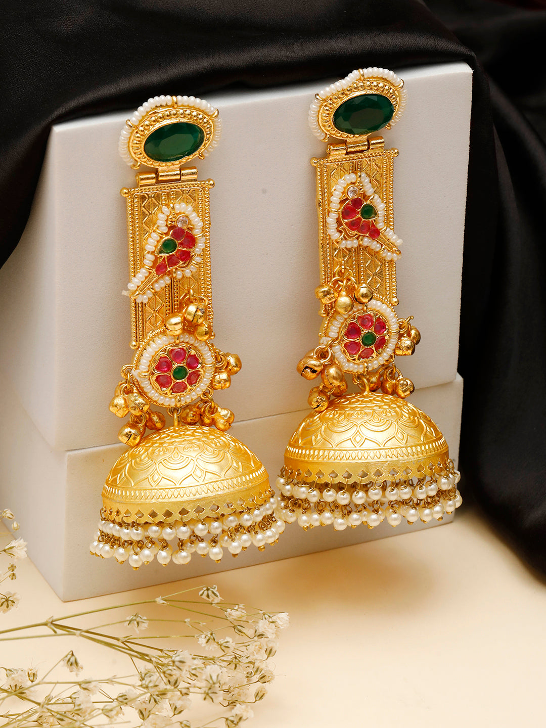 VIVAZS Handmade Gold Plated Long Green Jhumka Earrings | Contemporary