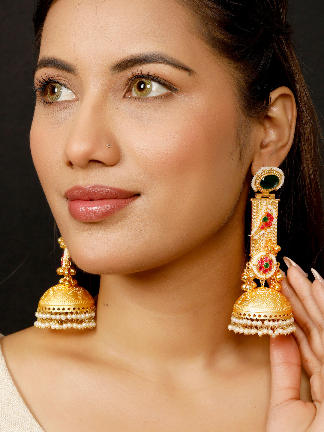 VIVAZS Handmade Gold Plated Long Green Jhumka Earrings | Contemporary