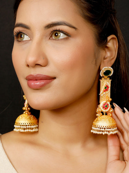 VIVAZS Handmade Gold Plated Long Green Jhumka Earrings | Contemporary