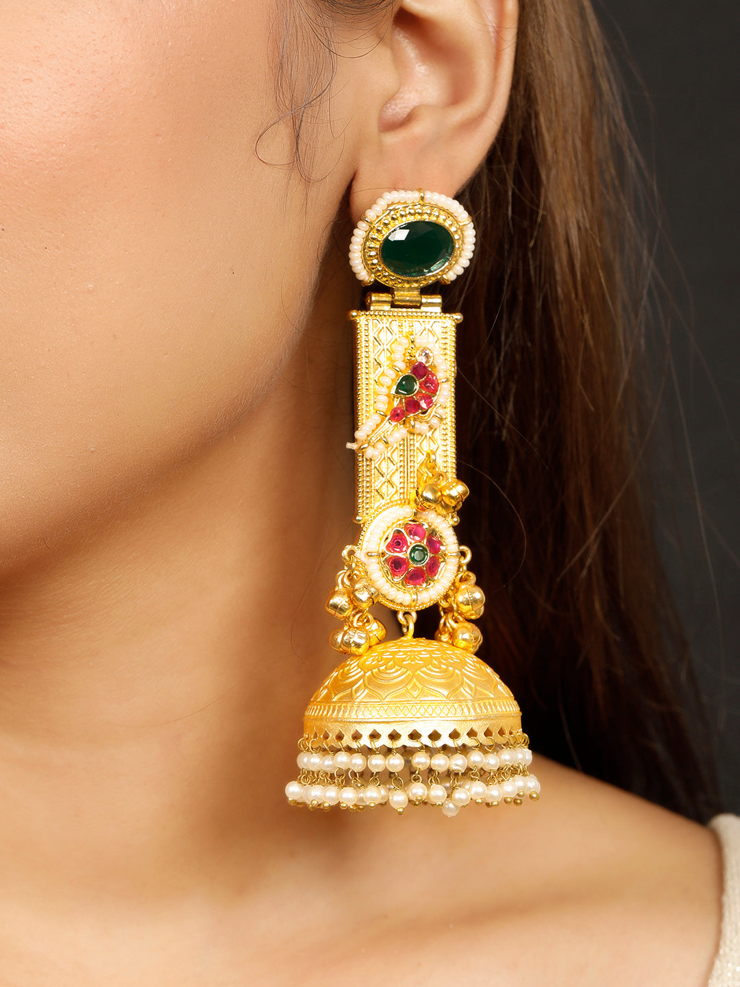 VIVAZS Handmade Gold Plated Long Green Jhumka Earrings | Contemporary