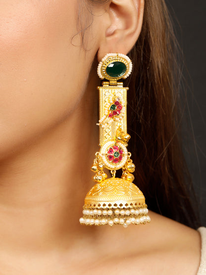 VIVAZS Handmade Gold Plated Long Green Jhumka Earrings | Contemporary