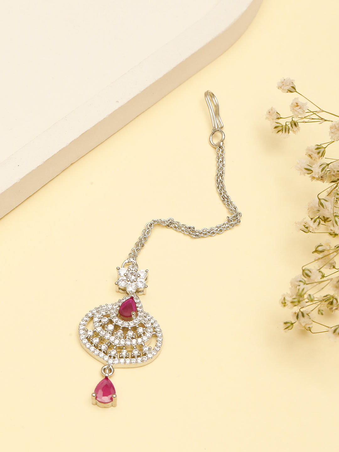 VIVAZS Rhodium-Plated Cubic Zirconia Studded & AD Drop Handcrafted Maang Tikka