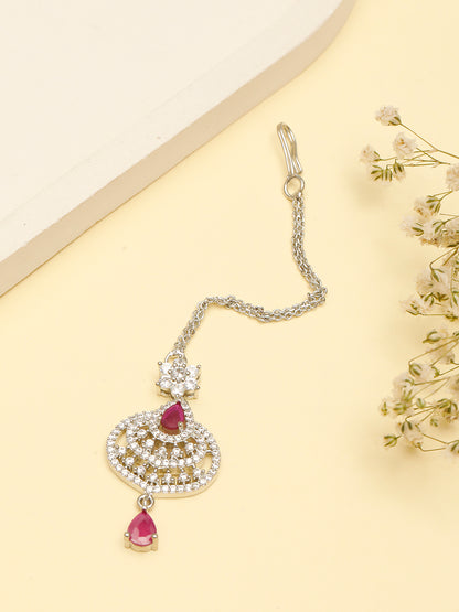 VIVAZS Rhodium-Plated Cubic Zirconia Studded & AD Drop Handcrafted Maang Tikka