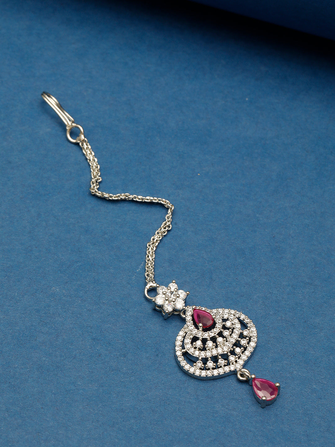 VIVAZS Rhodium-Plated Cubic Zirconia Studded & AD Drop Handcrafted Maang Tikka