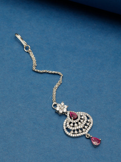 VIVAZS Rhodium-Plated Cubic Zirconia Studded & AD Drop Handcrafted Maang Tikka