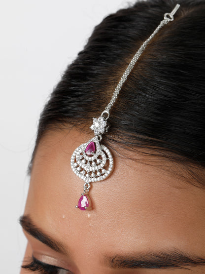 VIVAZS Rhodium-Plated Cubic Zirconia Studded & AD Drop Handcrafted Maang Tikka