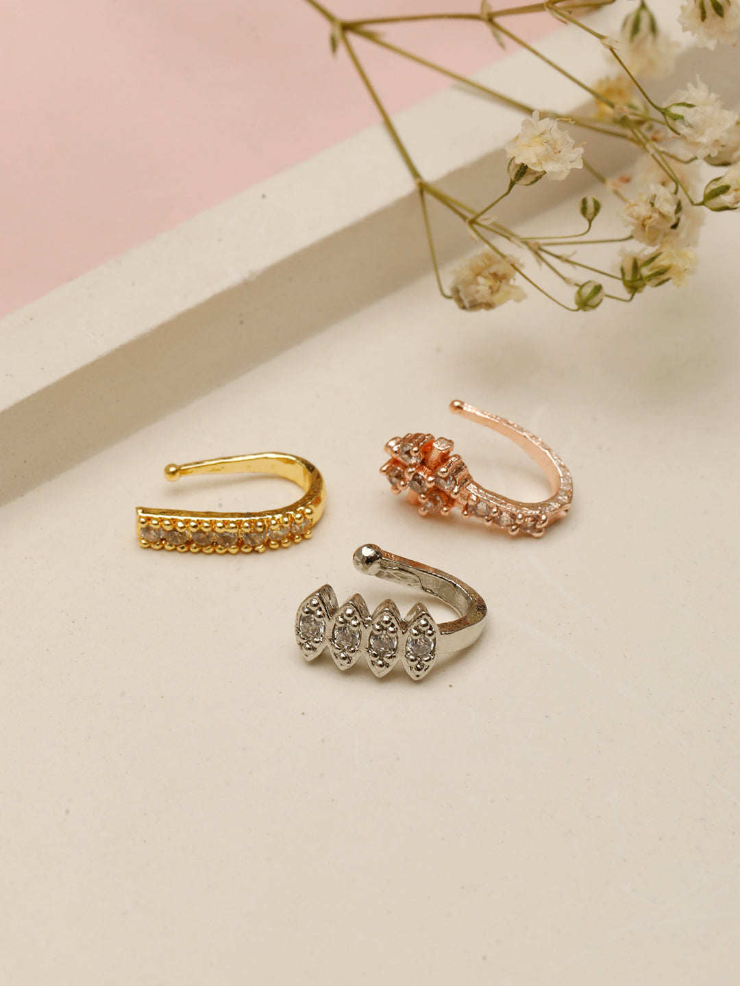 VIVAZS Set Of 3 Gold-Plated, Rose-Plated & Silver-Plated White AD-Studded Nosepin