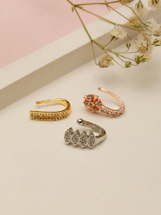 VIVAZS Set Of 3 Gold-Plated, Rose-Plated & Silver-Plated White AD-Studded Nosepin