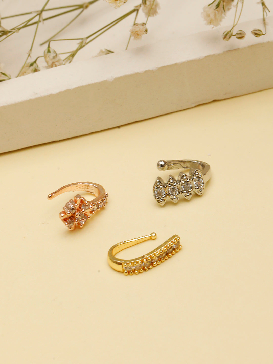 VIVAZS Set Of 3 Gold-Plated, Rose-Plated & Silver-Plated White AD-Studded Nosepin