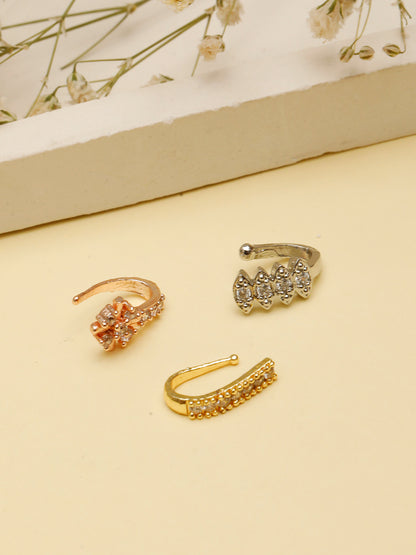 VIVAZS Set Of 3 Gold-Plated, Rose-Plated & Silver-Plated White AD-Studded Nosepin
