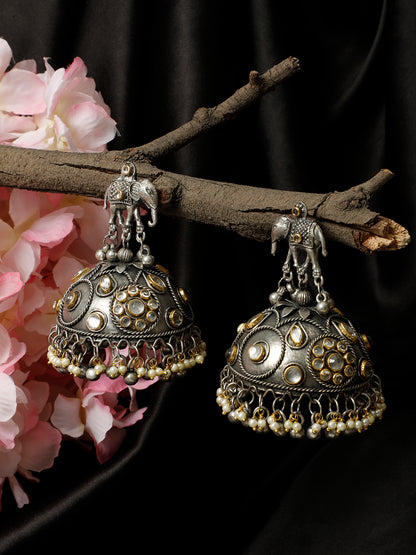 VIVAZS Silver-Plated Kundan Studded & Beaded Dome Shaped Oxidized Jhumkas