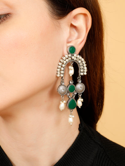 VIVAZS Silver-Plated Oxidised Stone Studded & Beaded Drop Earrings