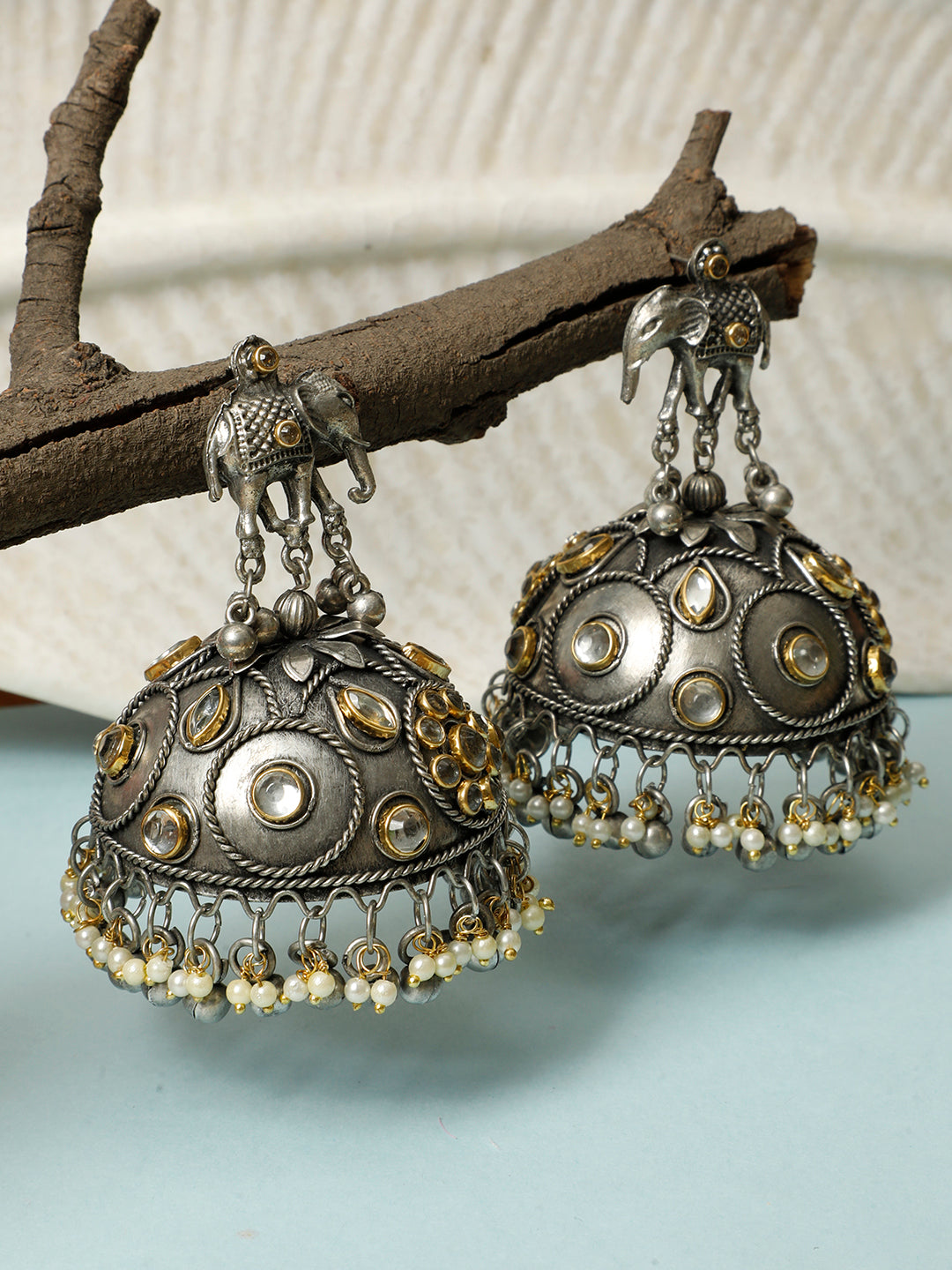 VIVAZS Silver-Plated Kundan Studded & Beaded Dome Shaped Oxidized Jhumkas