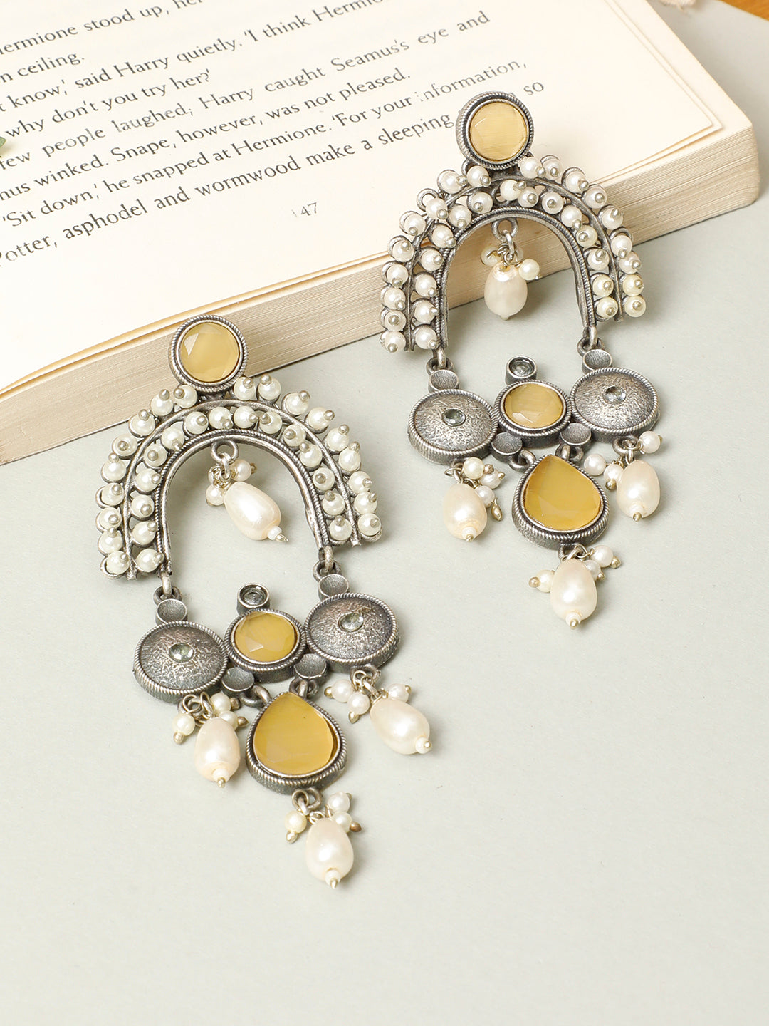 VIVAZS Silver-Plated Contemporary Stone Studded & Beaded Oxidised Drop Earrings