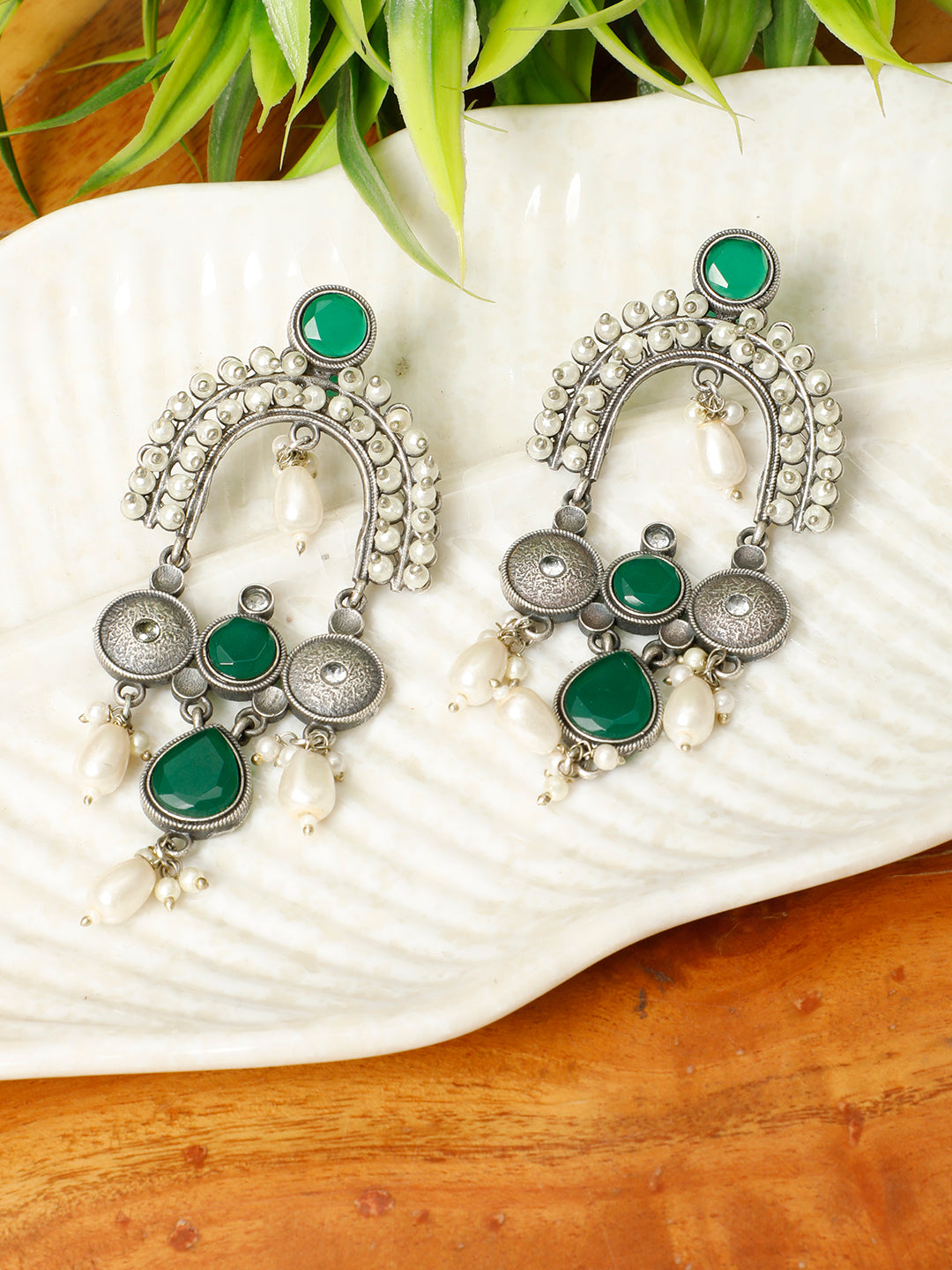 VIVAZS Silver-Plated Oxidised Stone Studded & Beaded Drop Earrings