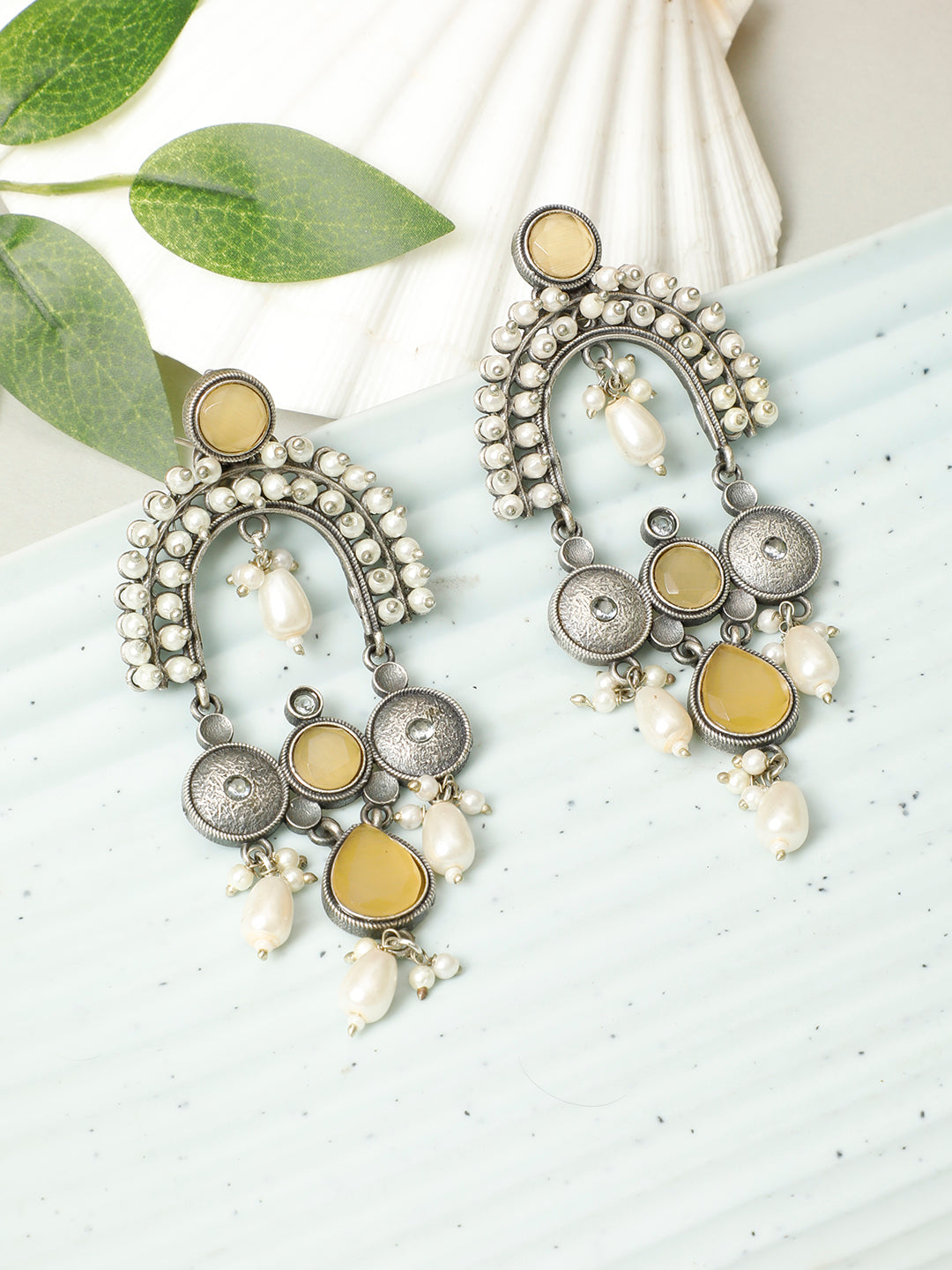 VIVAZS Silver-Plated Contemporary Stone Studded & Beaded Oxidised Drop Earrings