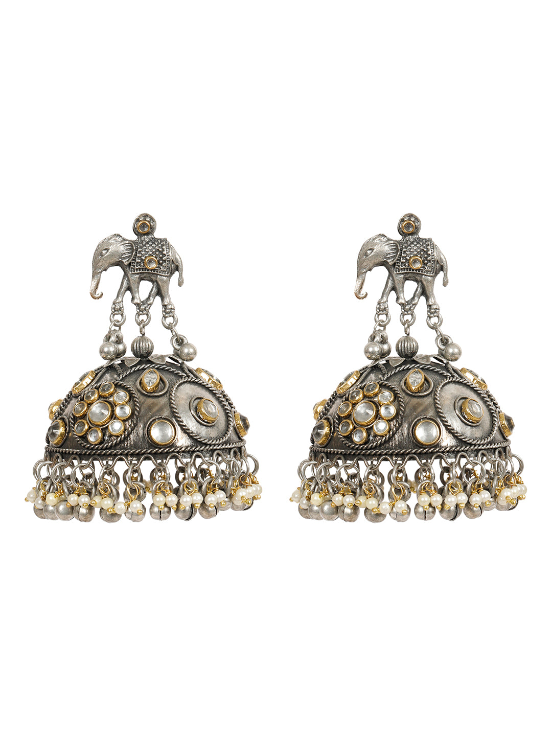 VIVAZS Silver-Plated Kundan Studded & Beaded Dome Shaped Oxidized Jhumkas