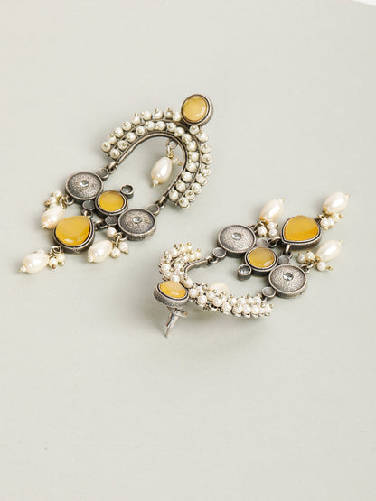 VIVAZS Silver-Plated Contemporary Stone Studded & Beaded Oxidised Drop Earrings