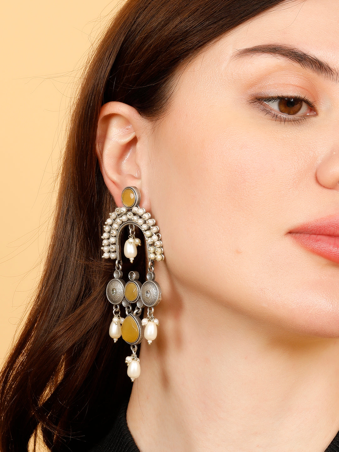 VIVAZS Silver-Plated Contemporary Stone Studded & Beaded Oxidised Drop Earrings