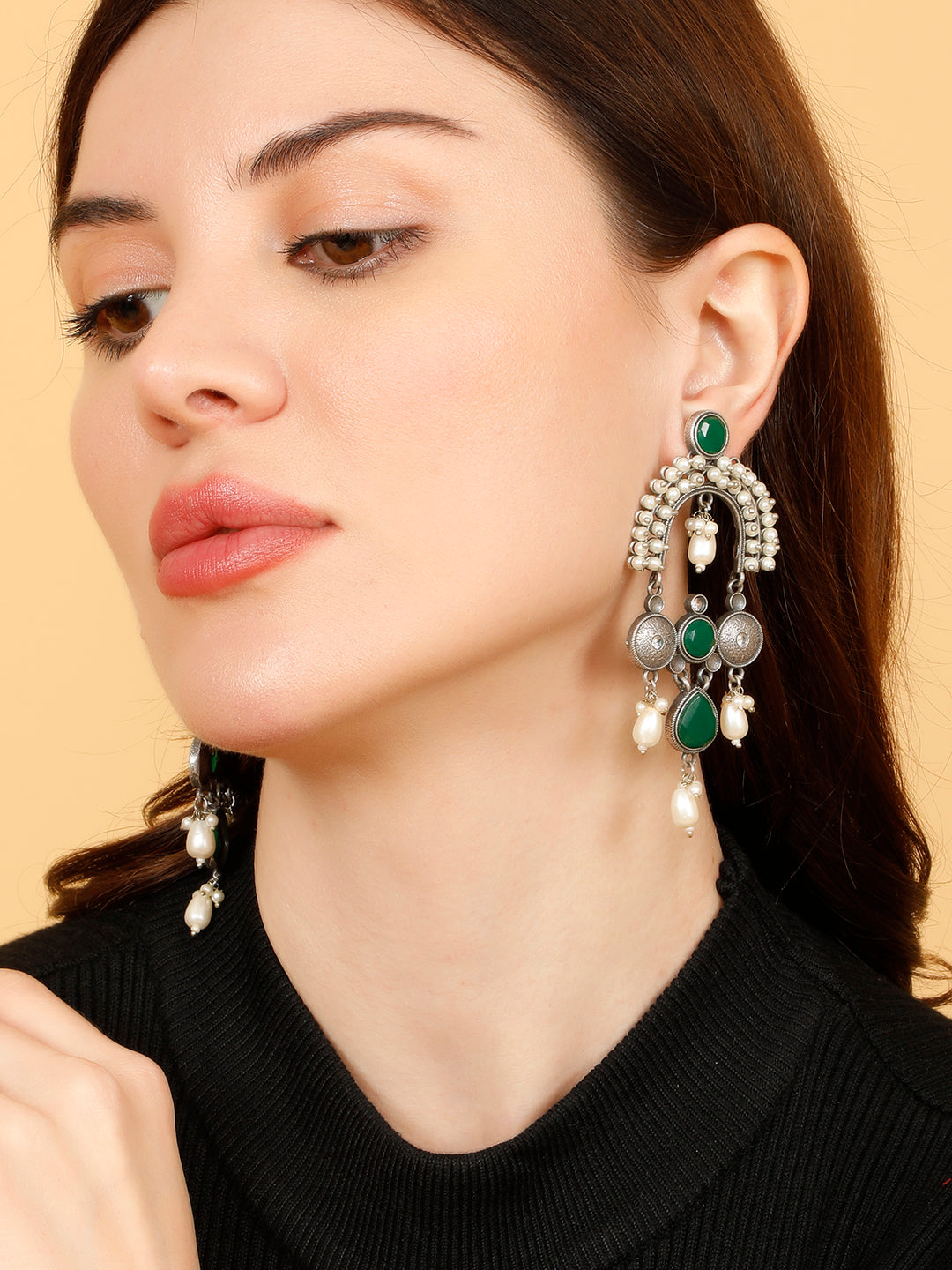 VIVAZS Silver-Plated Oxidised Stone Studded & Beaded Drop Earrings