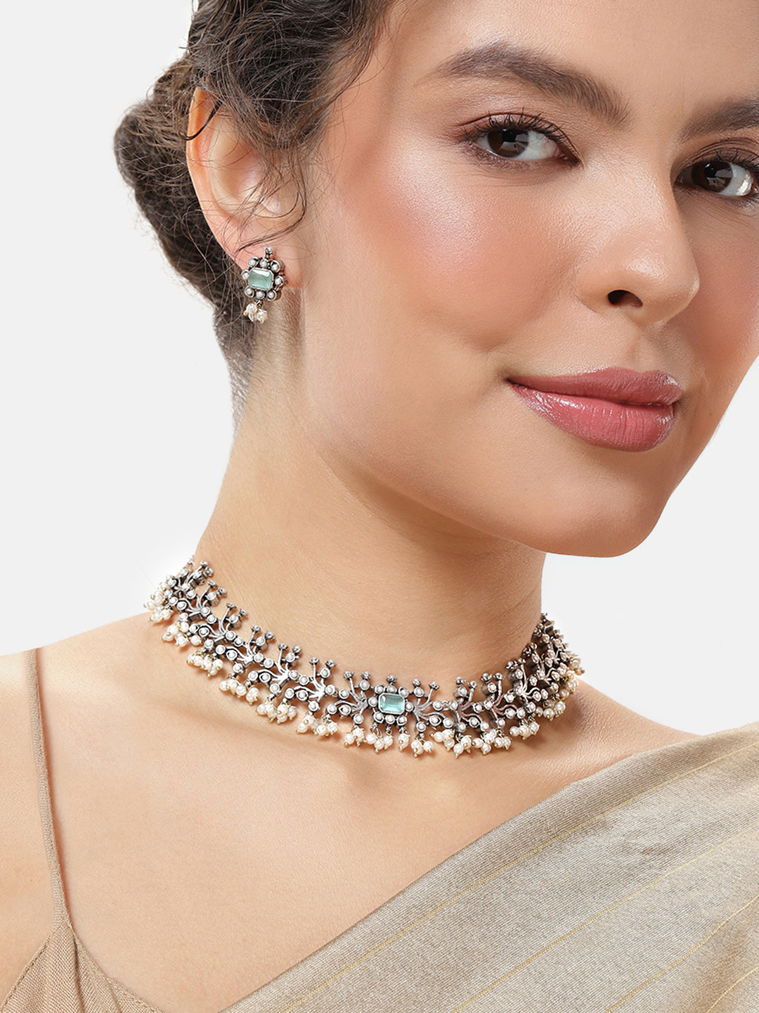 VIVAZS Silver-Toned Kundan Stone-Studded & Beaded Oxidised Jewellery Set