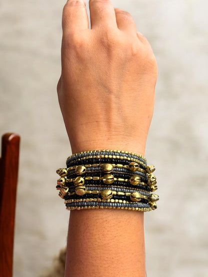 VIVAZS Shimmering Grey, Black and Golden Bangle set with Ghungroo